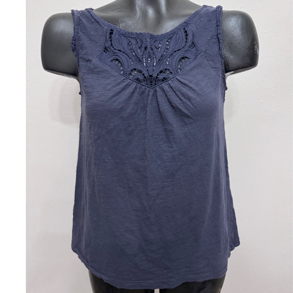 Ann Taylor Loft Crochet Lace Sleeveless Tank Top Sz XS Blue Cotton Preppy Summer